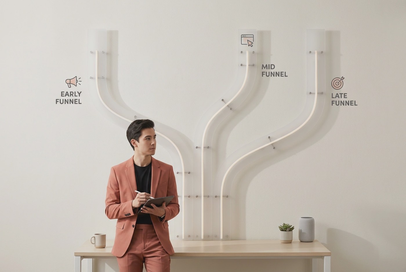 Minimal decision-tree style visual mapping early, mid, and late funnel drops to the right optimization action